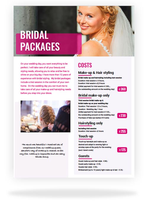 Bridal packages Sandra van Uffelen Make-up and Hair styling pricing