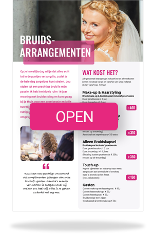 Open de flyer voor bruidsarrangementen, prijzen etc. door Sandra van Uffelen, visagiste en bruidstyliste in De Lier, Rotterdam, DenHaag, Westland, Delft
